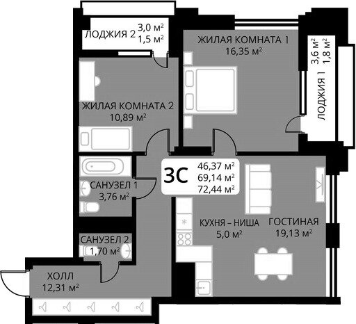 72,5 м², 3-комнатная квартира 11 380 000 ₽ - изображение 1