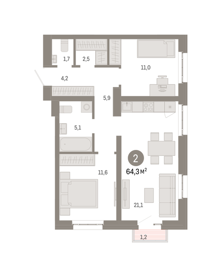 64,3 м², 2-комнатная квартира 19 740 000 ₽ - изображение 1