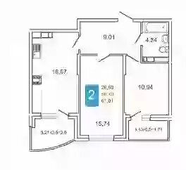 Квартира 61 м², 2-комнатная - изображение 1