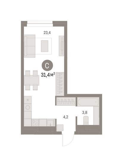 31,4 м², квартира-студия 6 960 000 ₽ - изображение 1