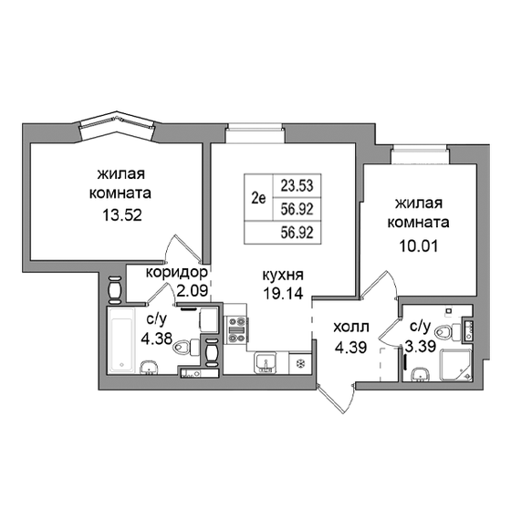 56,2 м², 2-комнатная квартира 10 385 760 ₽ - изображение 1