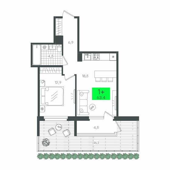 63,4 м², 1-комнатная квартира 5 900 000 ₽ - изображение 1