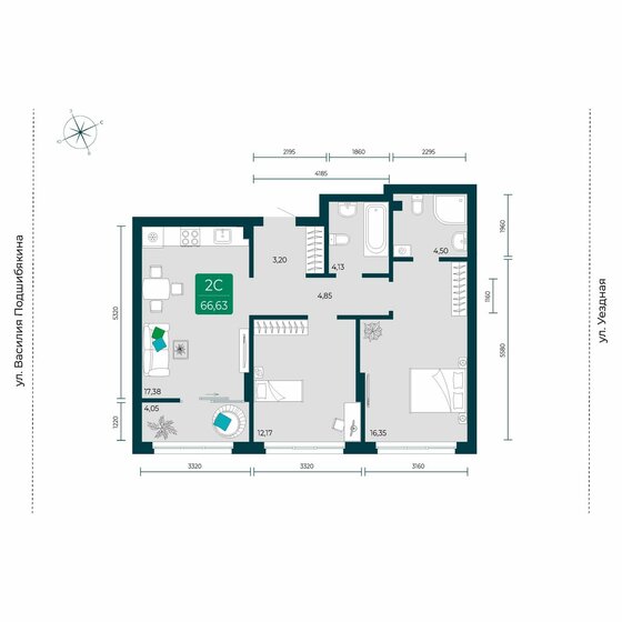 66,6 м², 2-комнатная квартира 7 400 000 ₽ - изображение 1