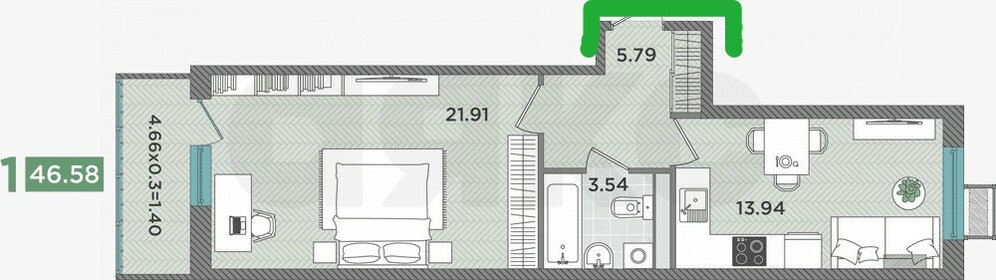 Квартира 46,6 м², 1-комнатная - изображение 1