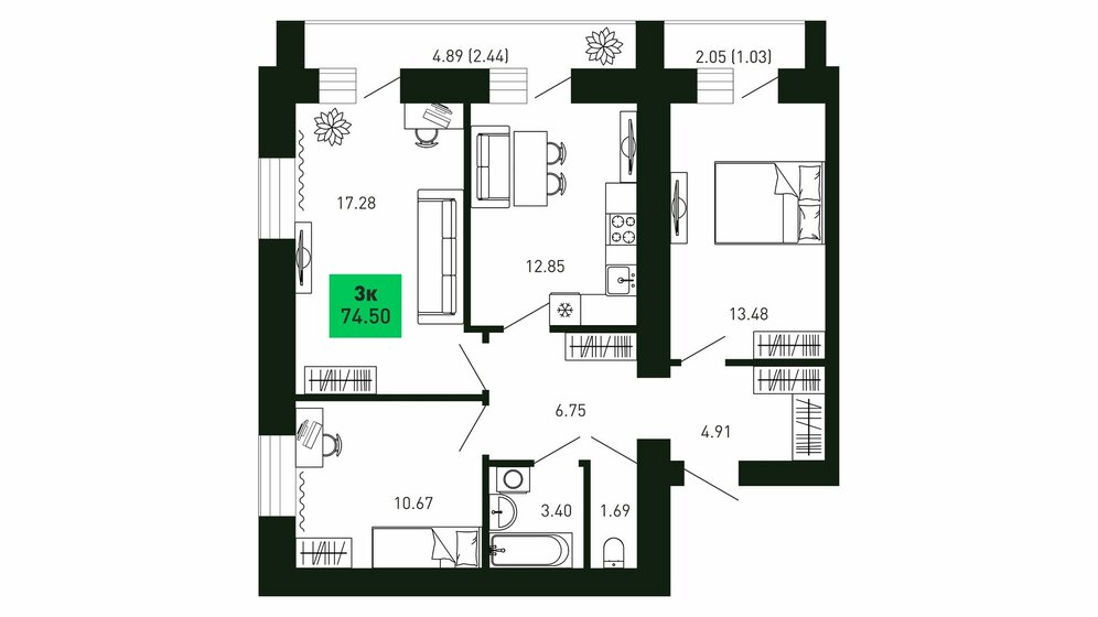 74,5 м², 3-комнатная квартира 6 258 000 ₽ - изображение 1