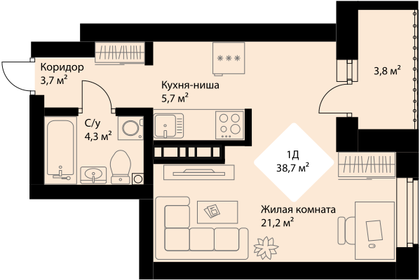 36,8 м², 1-комнатная квартира 6 108 800 ₽ - изображение 1