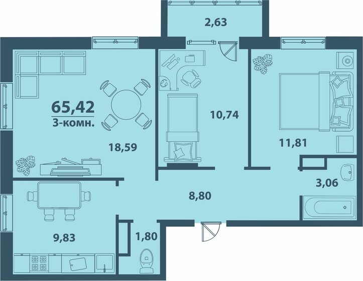 65,4 м², 3-комнатная квартира 5 364 440 ₽ - изображение 1