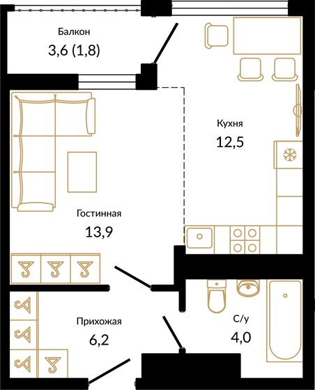 38,4 м², 1-комнатная квартира 17 982 720 ₽ - изображение 51