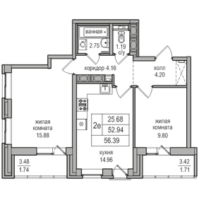 Квартира 52,9 м², 2-комнатная - изображение 1