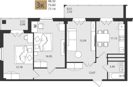 Квартира 77,1 м², 3-комнатная - изображение 1