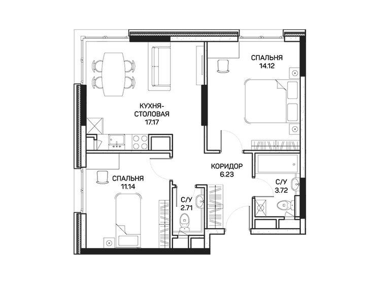 54,4 м², 2-комнатные апартаменты 12 012 120 ₽ - изображение 1