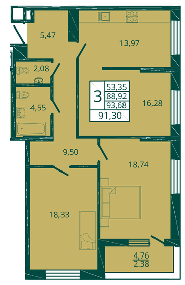 91,3 м², 3-комнатная квартира 13 147 200 ₽ - изображение 1