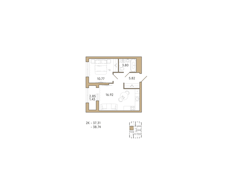38,7 м², 2-комнатная квартира 4 958 720 ₽ - изображение 1