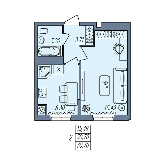 30,7 м², 1-комнатная квартира 2 916 500 ₽ - изображение 1