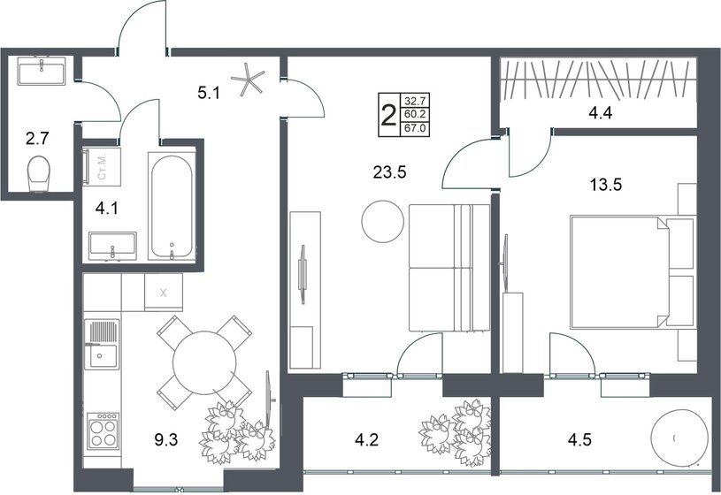 67 м², 2-комнатная квартира 5 896 000 ₽ - изображение 1