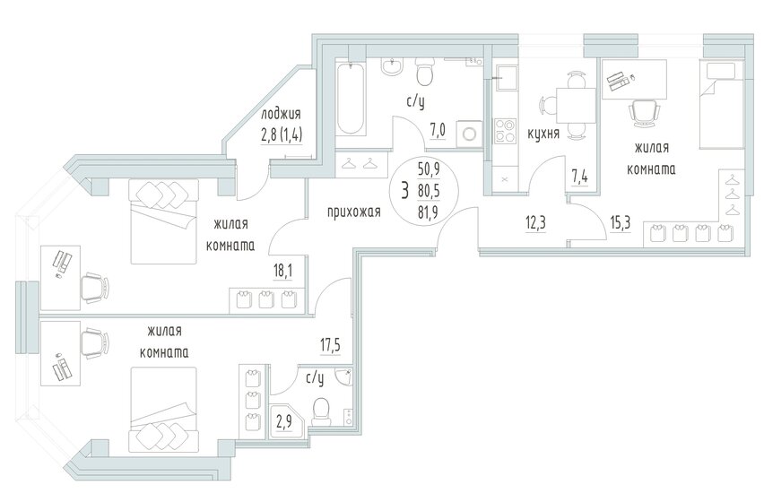 81,9 м², 3-комнатная квартира 10 381 451 ₽ - изображение 1