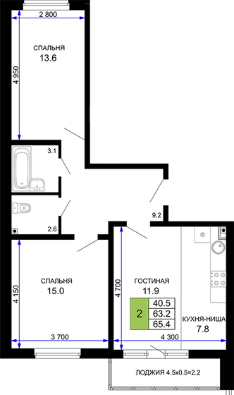 65,4 м², 2-комнатная квартира 9 483 000 ₽ - изображение 20