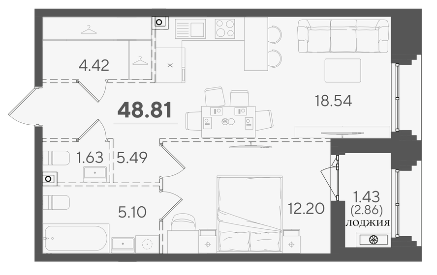 48,8 м², 1-комнатная квартира 14 411 436 ₽ - изображение 1