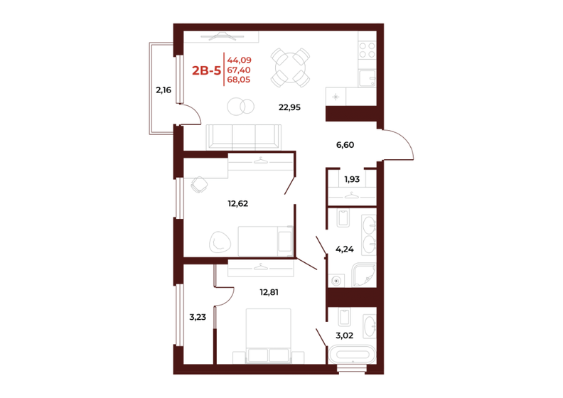 68,1 м², 2-комнатная квартира 6 941 100 ₽ - изображение 19