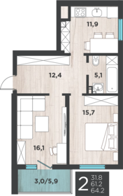 Квартира 64,2 м², 2-комнатная - изображение 1