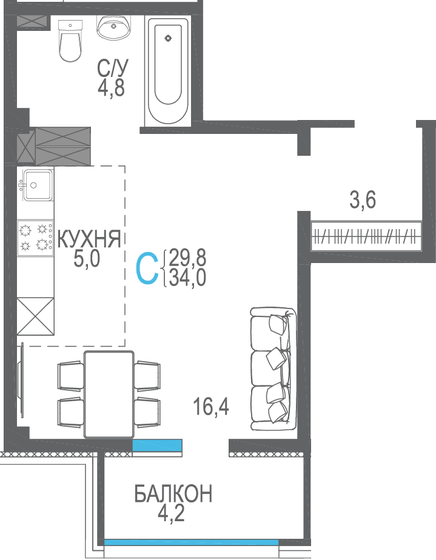 34 м², квартира-студия 5 984 000 ₽ - изображение 27