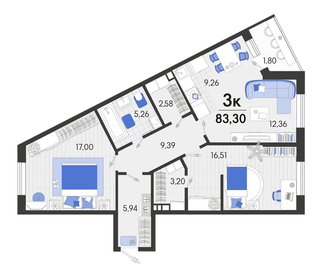 83,3 м², 3-комнатная квартира 9 246 300 ₽ - изображение 1