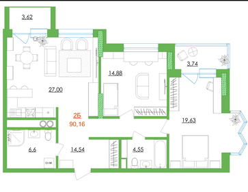Квартира 90,2 м², 2-комнатная - изображение 1
