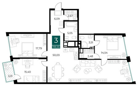 Квартира 118,6 м², 3-комнатная - изображение 1