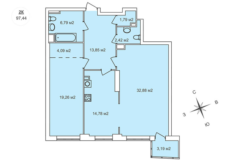 97,4 м², 2-комнатная квартира 22 411 200 ₽ - изображение 1