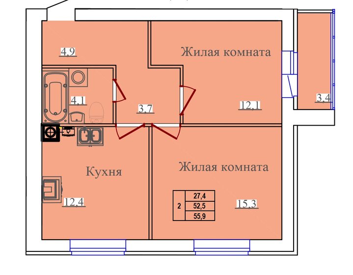 55,9 м², 2-комнатная квартира 5 534 100 ₽ - изображение 1