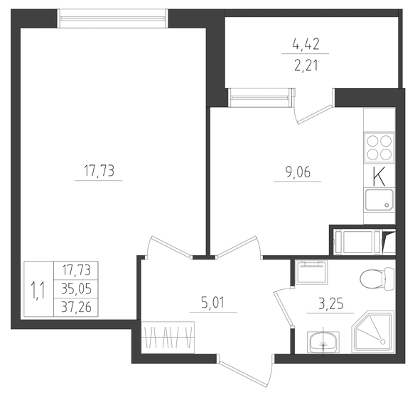 37,3 м², 1-комнатная квартира 6 147 900 ₽ - изображение 1