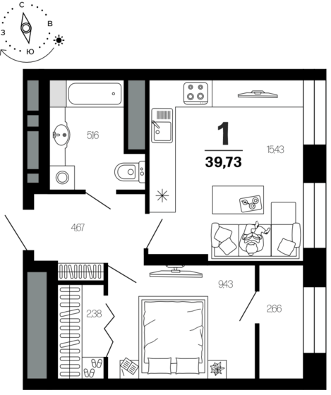 39,7 м², 1-комнатная квартира 4 912 000 ₽ - изображение 1