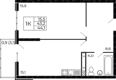 Квартира 44,1 м², 1-комнатная - изображение 1