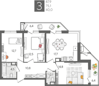 Квартира 87,9 м², 3-комнатная - изображение 2