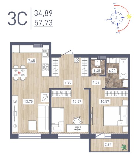 57,7 м², 3-комнатная квартира 6 255 715 ₽ - изображение 1