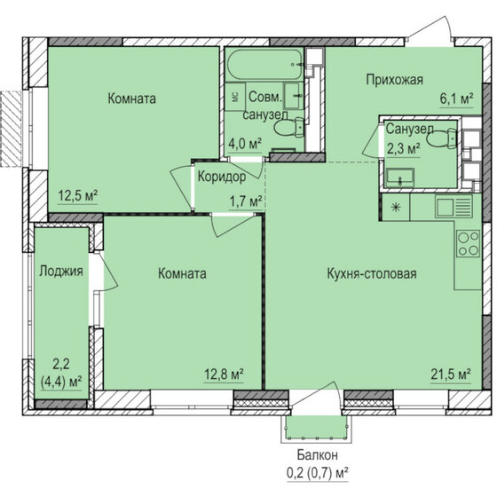 63,3 м², 2-комнатная квартира 5 686 000 ₽ - изображение 1