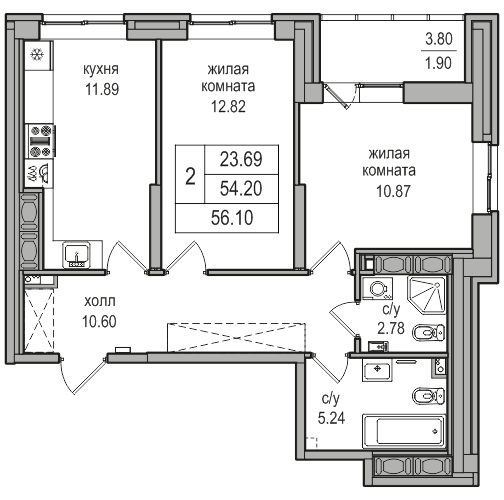 54,2 м², 2-комнатная квартира 11 006 820 ₽ - изображение 1