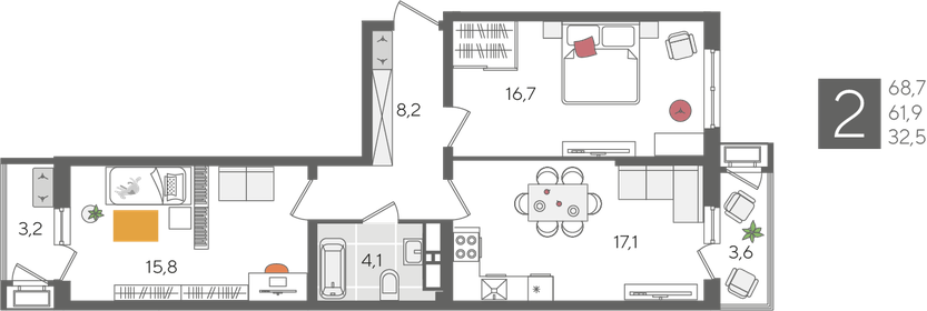 Квартира 68,7 м², 2-комнатная - изображение 2