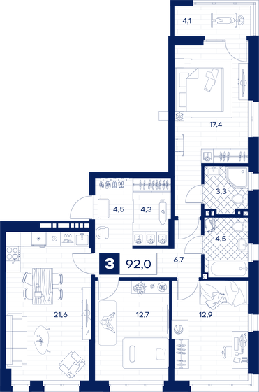 92 м², 3-комнатная квартира 12 894 000 ₽ - изображение 1