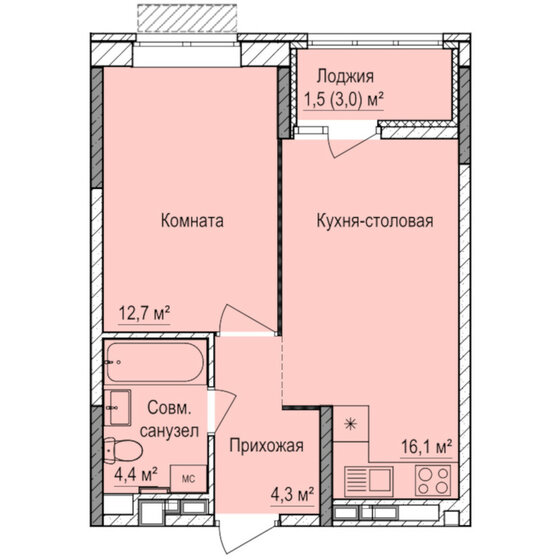 39 м², 1-комнатная квартира 4 078 000 ₽ - изображение 1