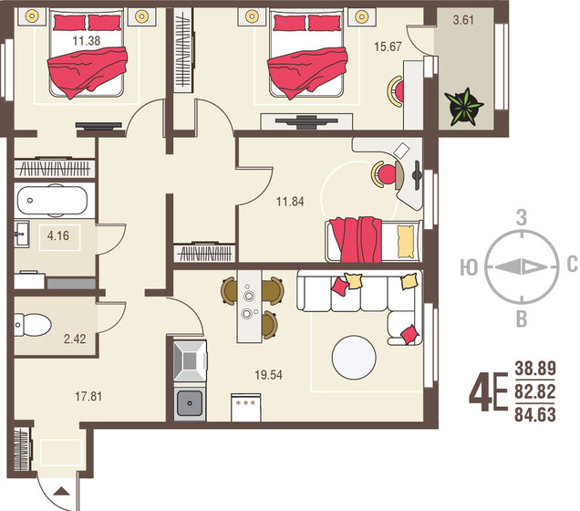 84,6 м², 3-комнатная квартира 7 024 290 ₽ - изображение 1