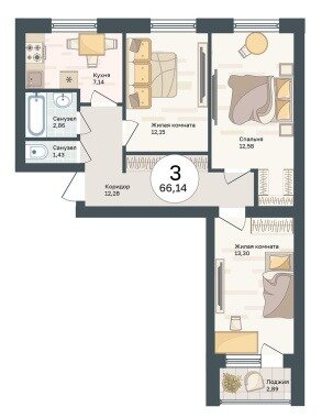 66,1 м², 3-комнатная квартира 6 613 000 ₽ - изображение 1