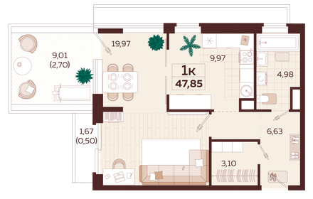 Квартира 47,9 м², 1-комнатная - изображение 1