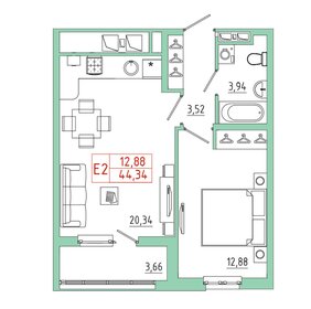 Квартира 44,3 м², 1-комнатная - изображение 1