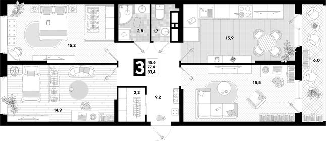 Квартира 83,4 м², 3-комнатная - изображение 2