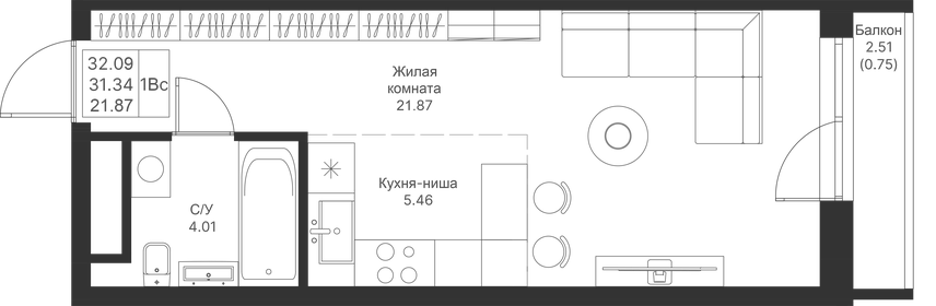 Квартира 32,1 м², студия - изображение 1