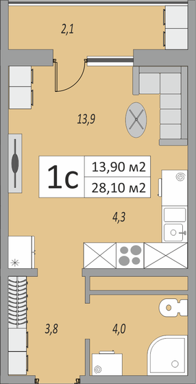 28,1 м², 1-комнатная квартира 2 276 100 ₽ - изображение 1