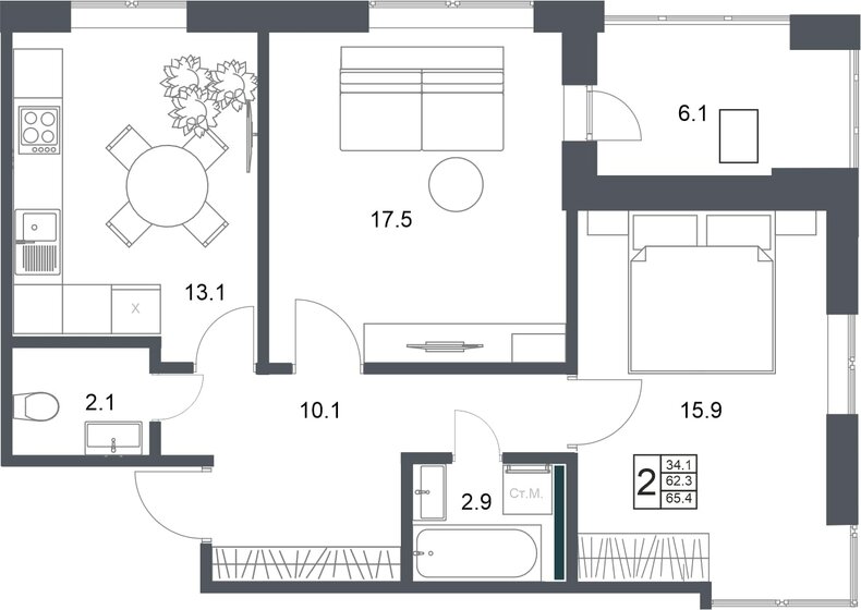 65,4 м², 2-комнатная квартира 6 553 080 ₽ - изображение 1