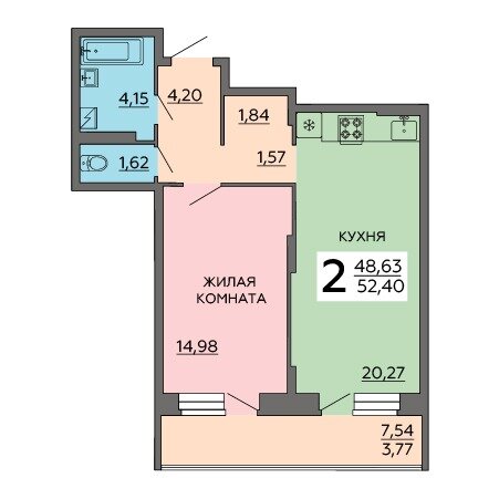 52,4 м², 2-комнатная квартира 5 800 000 ₽ - изображение 1