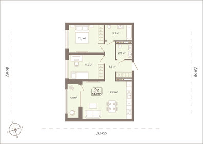 Квартира 68 м², 2-комнатная - изображение 1